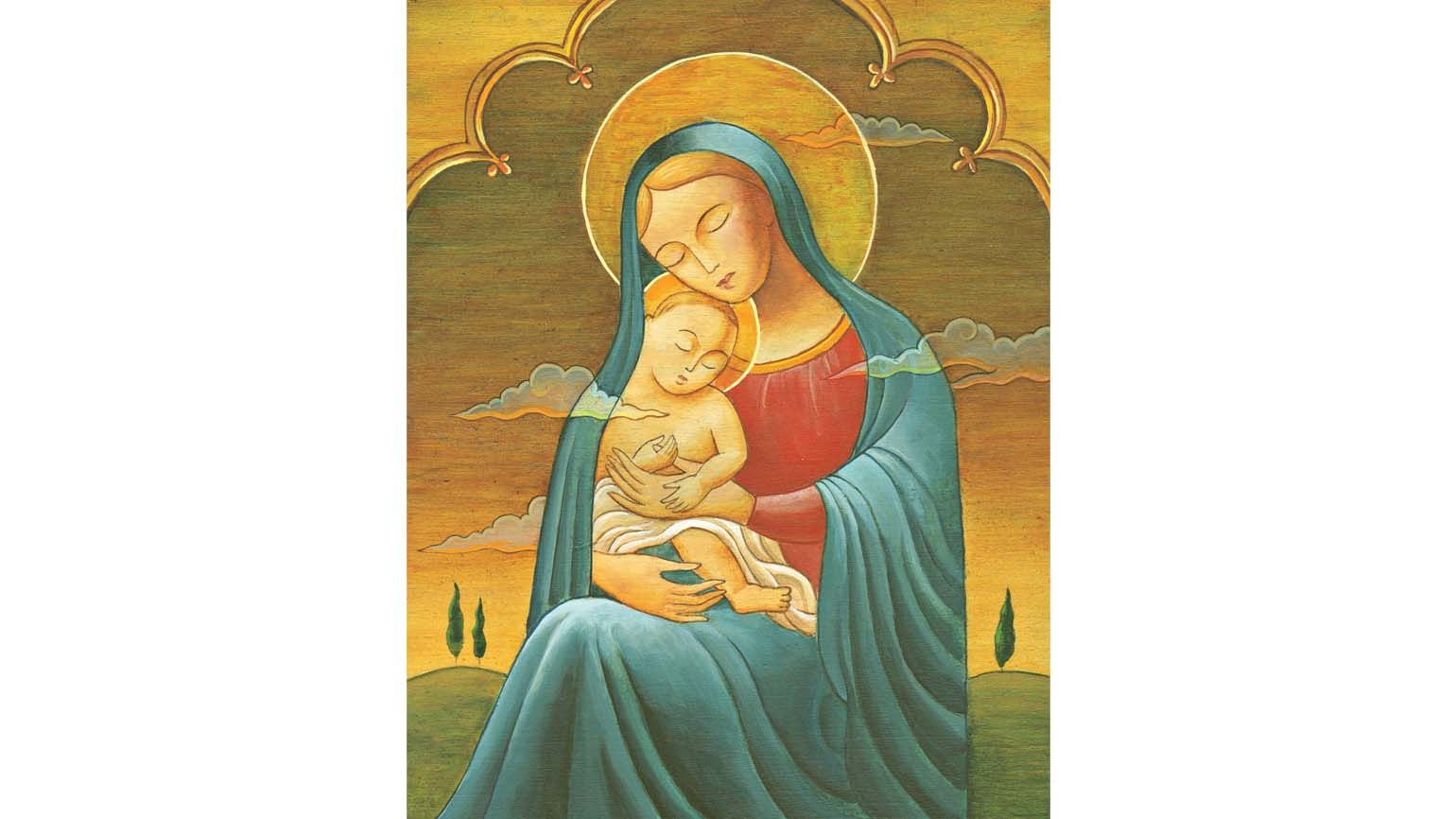 Mary and her firstborn son Jesus in a warm embrace; Illustration by Stefano Vitale