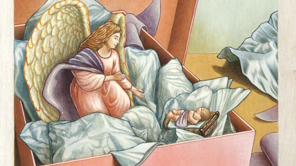 An illustration of a Nativity sculpture of Mary and Newborn Jesus; Illustration by Sylvie Fong