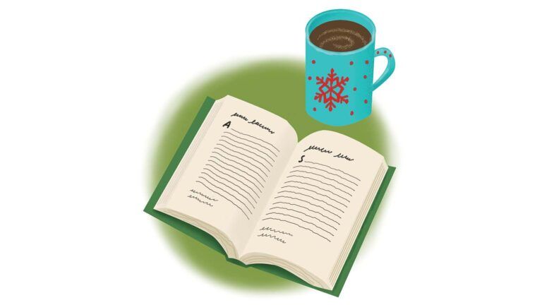 An illustration of an open devotional and a festive mug; Illustration by Coco Masuda