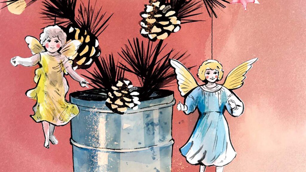Angel ornaments hung on a pinecone miniature tree; Illustration by Gisela Goppel