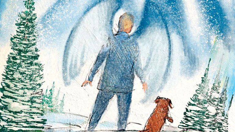 An illustration of an angel and a dog; Illustration by Mickey Paraskevas
