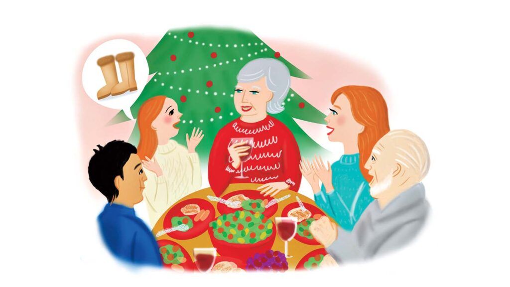 An illustration of a family holiday dinner; Illustration by Coco Masuda