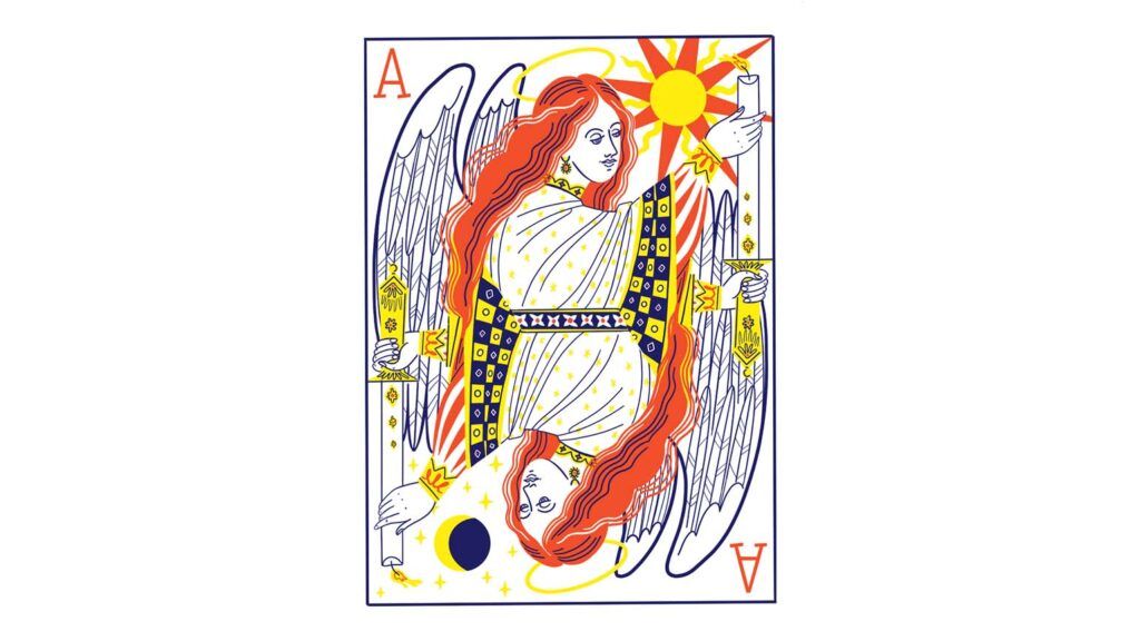 An illustration of an angel on a playing card; Illustration by Salini Perera