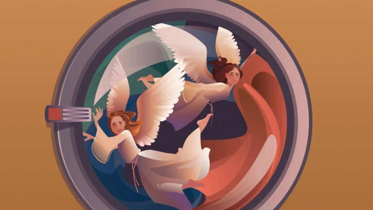 An illustration of angels in the washing machine; Illustration by Kim Johnson