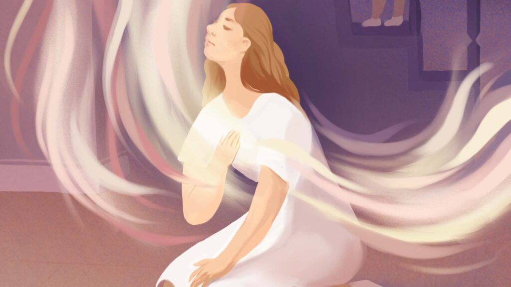 An illustration of a sitting angel; Illustration by Nicole Xu