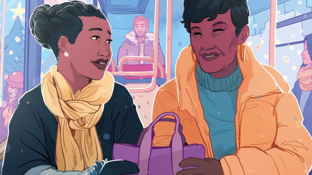 An illustration of two women on a bus; Illustration by Ricardo Bessa