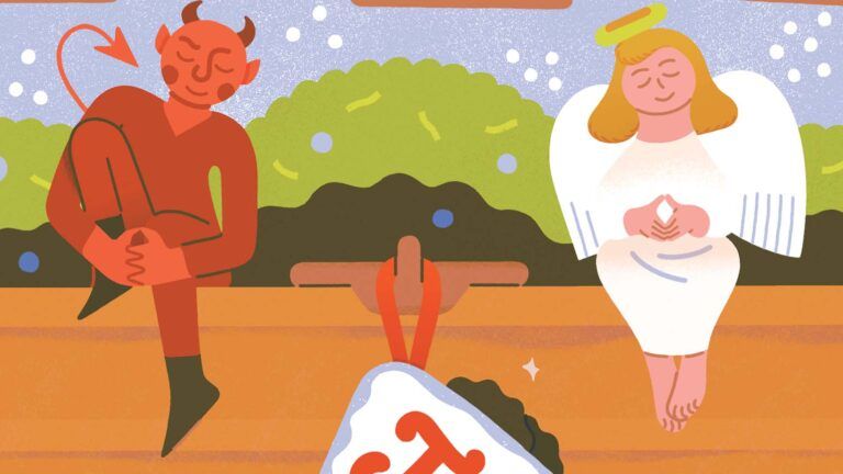 An illustration of an angel and devil beside a stocking; Illustration by Sophia Foster-Dimino