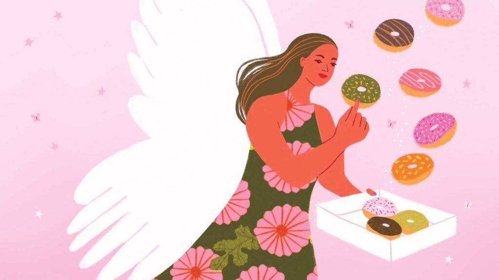 An illustration of an angel carrying a box of donuts; Illustration by Aura Lewis