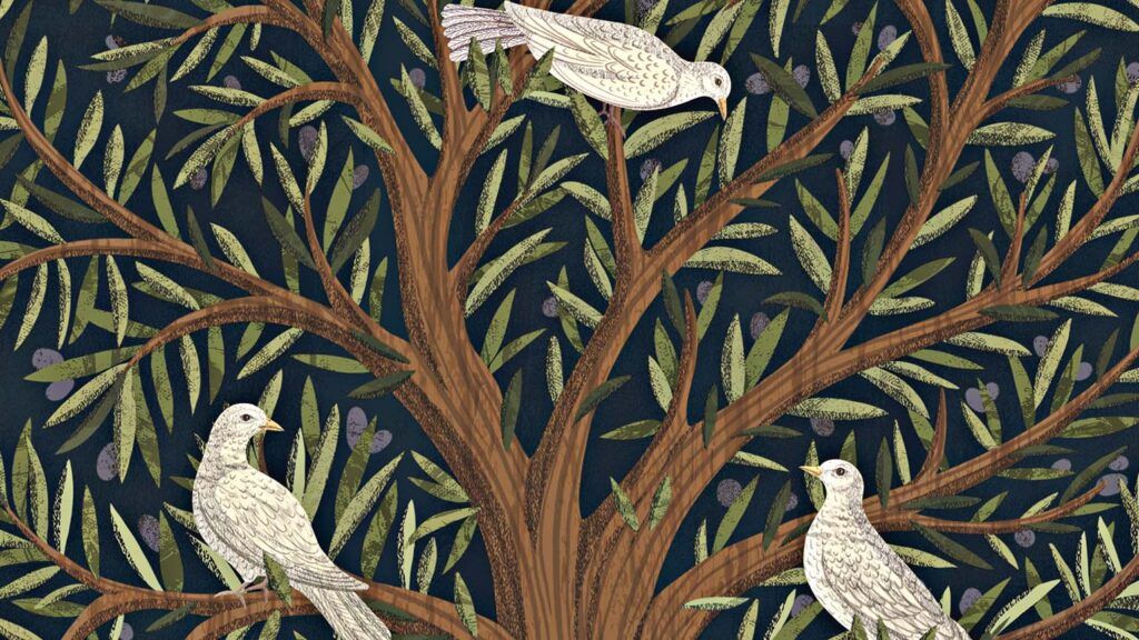 An illustration of three doves perched on tree branches; ILLUSTRATION BY LUCY CARTWRIGHT