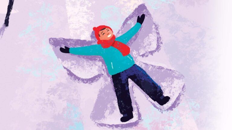 An illustration of a boy making a snow angel; Illustration by Michael Crampton