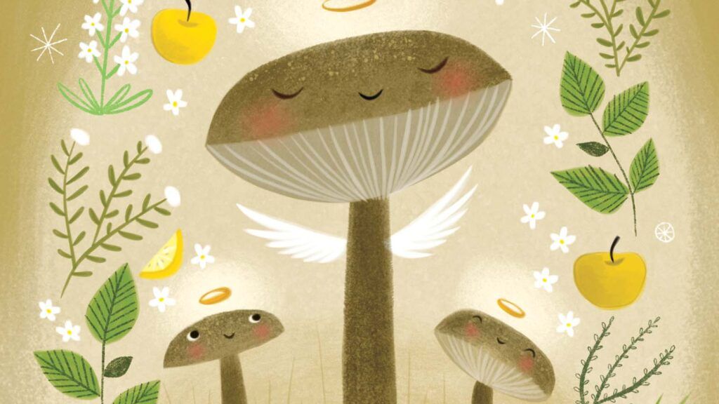 An illustration of angelic mushrooms; Illustration by Jacqui Langeland