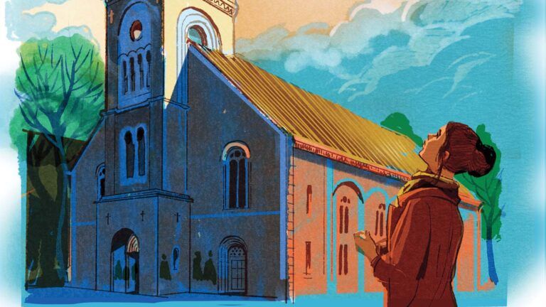 Illustration of a woman looking up at a church; Illustration by Alex Green