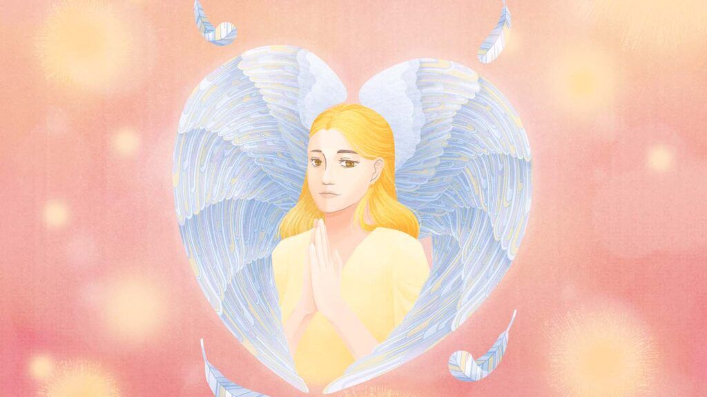 An illustration of an angel enveloped in a winged heart; Illustration by Weitong Mai
