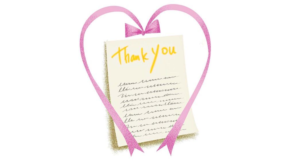 An illustration of a Thank You note with a heart-shaped ribbon; Illustration by Coco Masuda