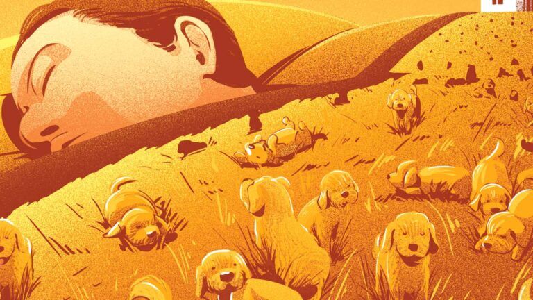 An illustration of a field of puppies;ILLUSTRATION BY ERIC CHOW