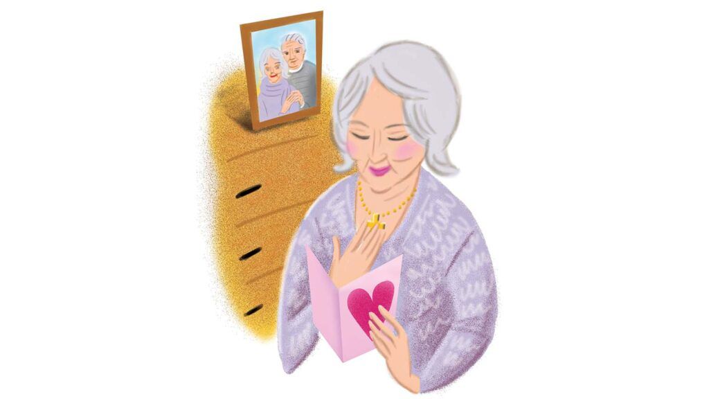 An illustration of a senior woman reading a card; Illustration by Coco Masuda