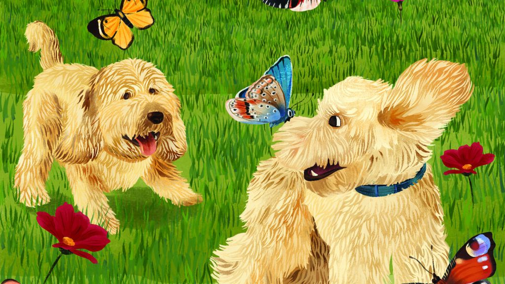 Illustration of two dogs playing outdoors