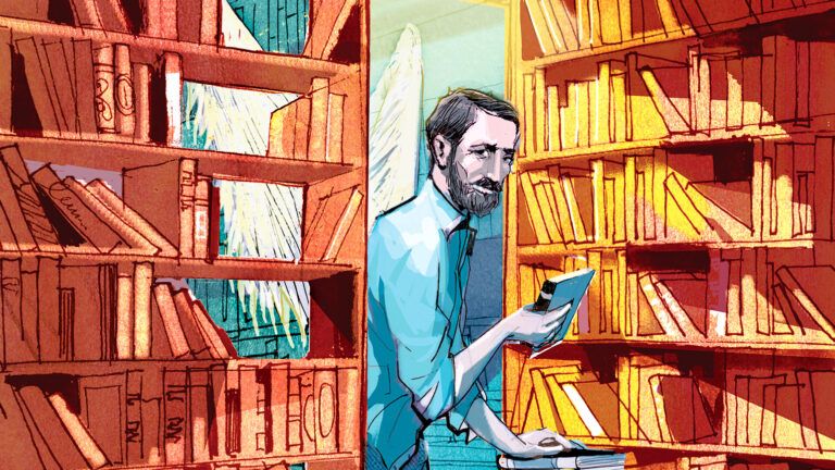An illustration of a man in a library with a book in his hand; Illustration by Alex Green
