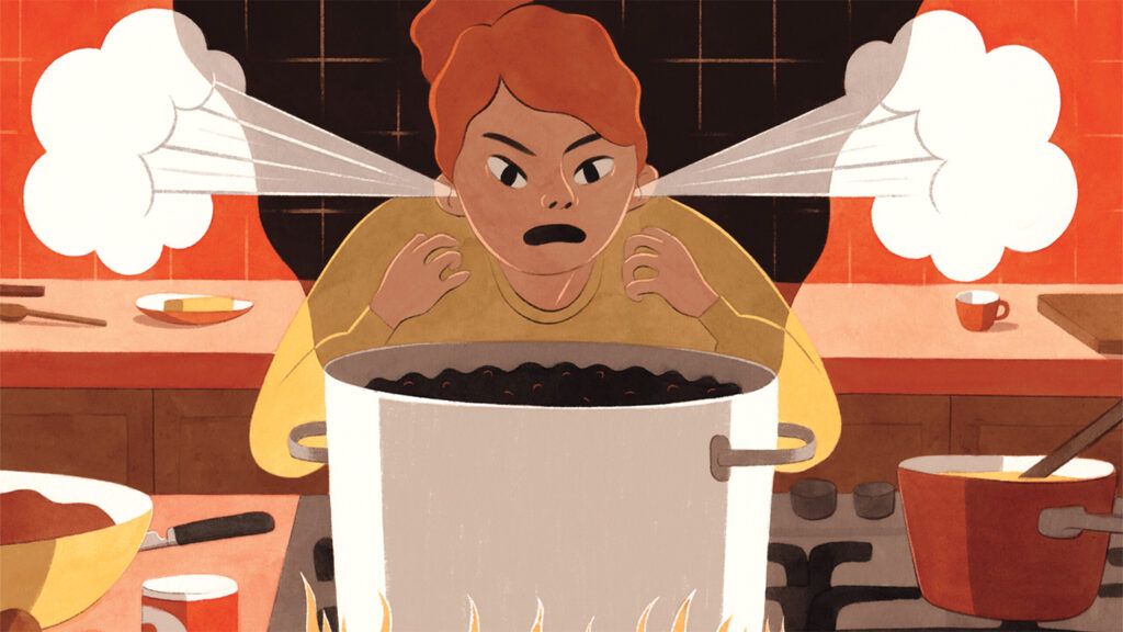 Eleni Kalorkoti's illustration of a frustrated cook over a pot of beans
