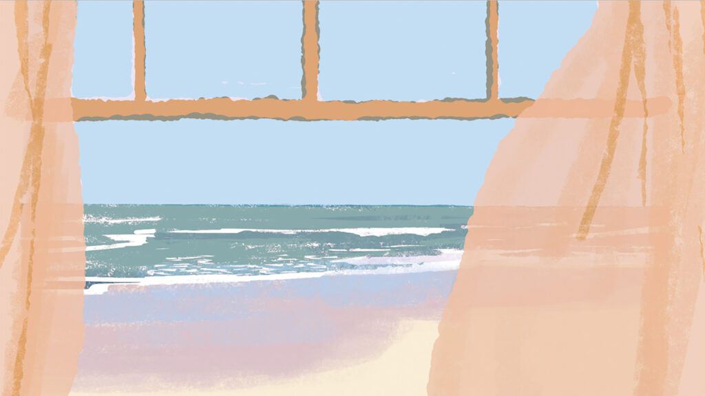 An illustration of an open window with a beachfront view; Illustration by Tatsuro Kiuchi