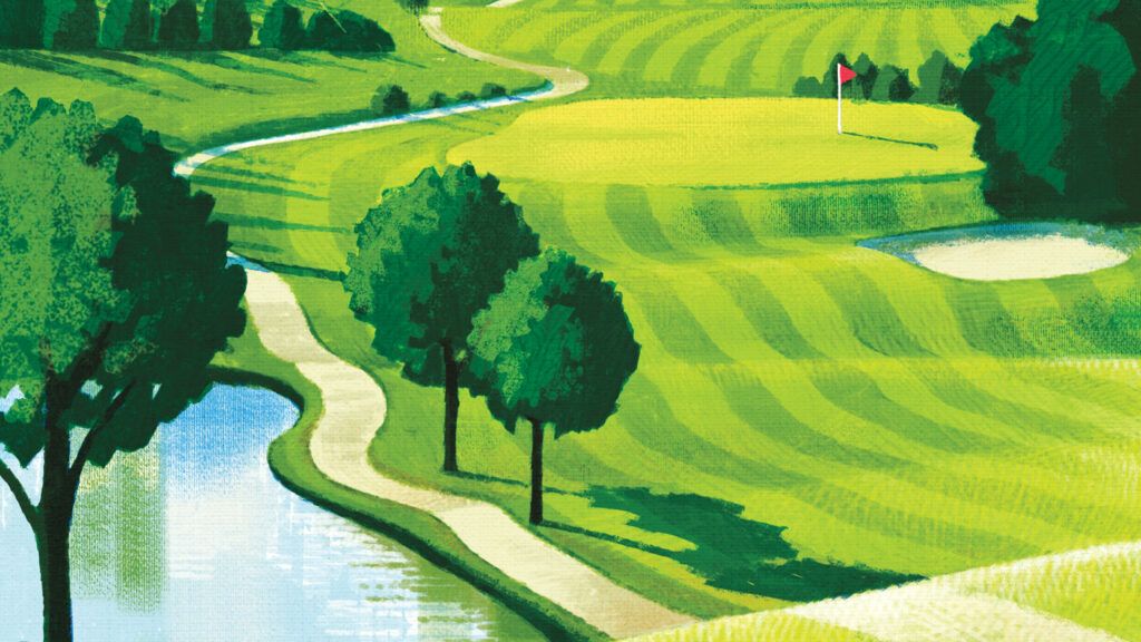 An illustration of a lush, green golf course; Illustration by Makoto Funatsu
