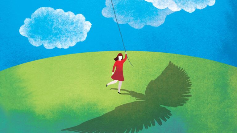 Illustration of a girl flying a kite; Illustration by Anna Godeassi