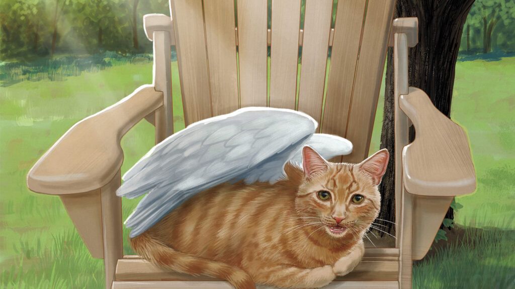 A cat with angel wings perched on a patio chair; Illustration by Christina Wald