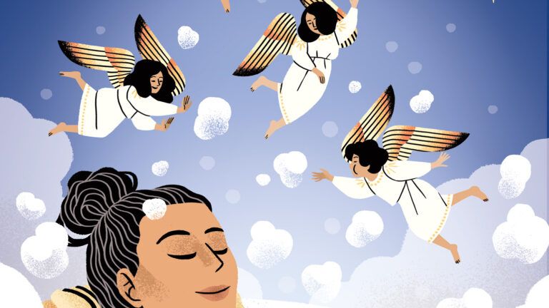 An illustration of a woman in a bath as angels swirl above; Illustration by Laura Pacheco