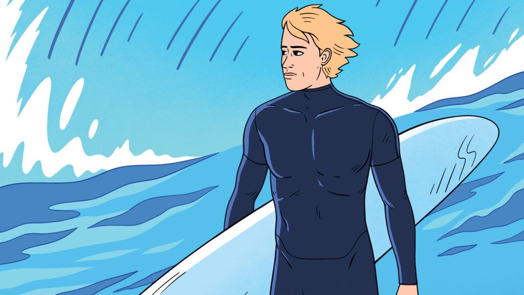 Illustration of a surfer in wetsuit; Illustration by Tanguy Jestin