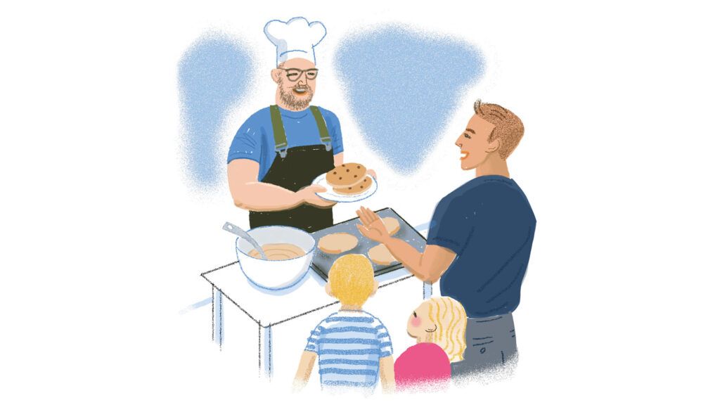 Illustration of man giving pancakes to neighbors; Illustration by Coco Masuda