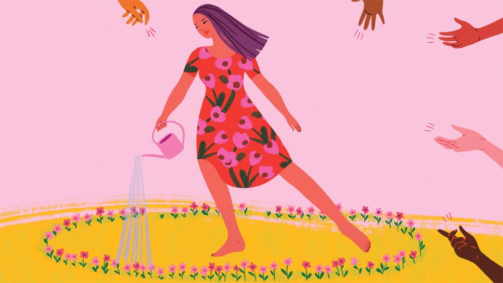 An illustration by Aura Lewis of a woman watering her flowers