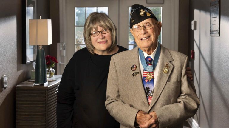 Author Roberta Messner and WWII Veteran Woody Williams; photo by Scott Goldsmith