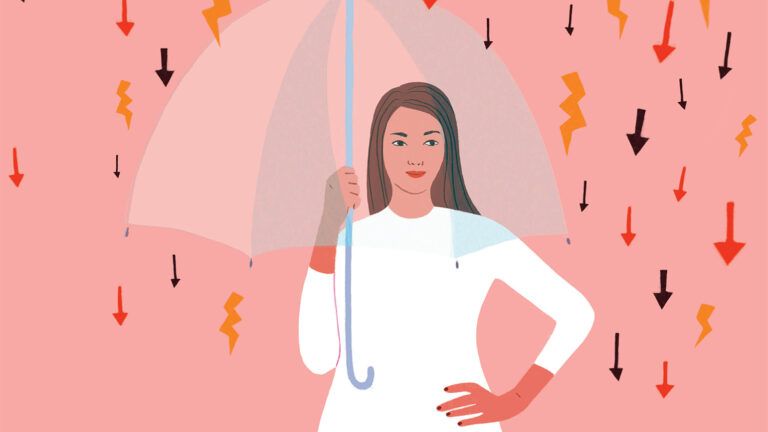 An illustration by Aura Lewis of a woman standing under an umbrella