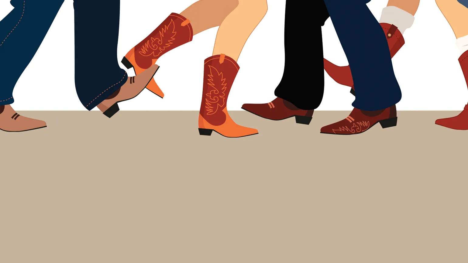 Illustration of legs square dancing in a story of true love