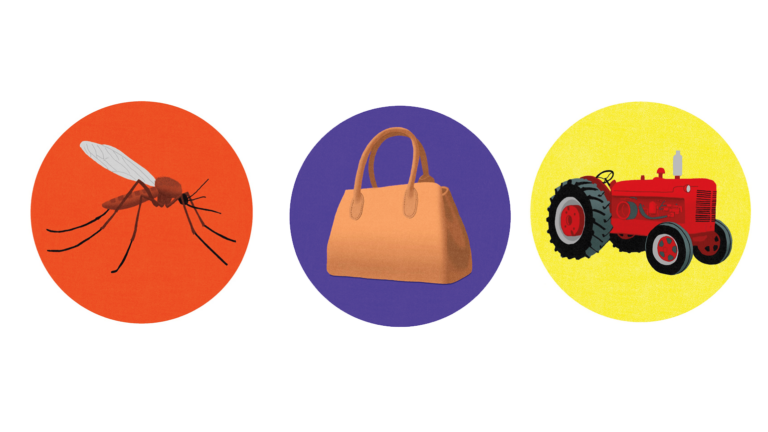 Illustrations of a mosquito, purse and a tractor; Illustrations by James Steinberg