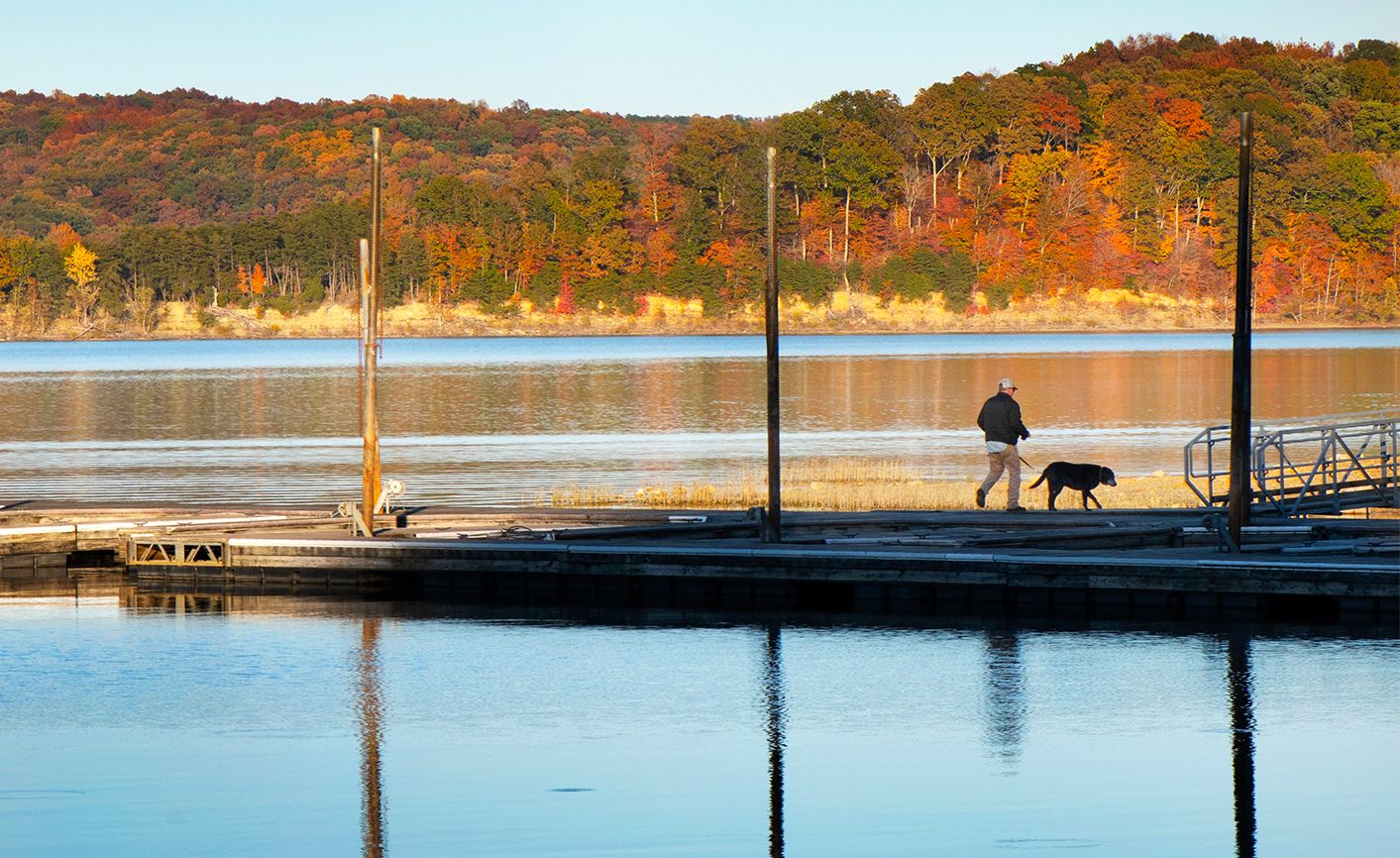 A man and his dog on the shore of Nashville’s Lake Monroe; photo by Scott Goldsmith