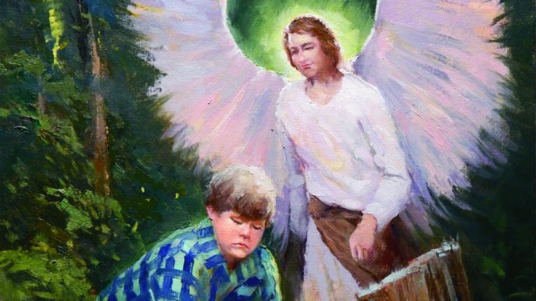 Illustration of an angel watching over a young boy