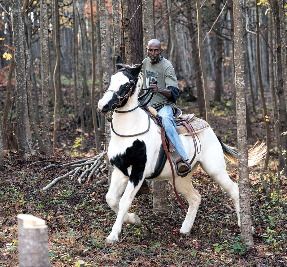 Rodney on horseback on his rural Virginia land; photo by James Kegley