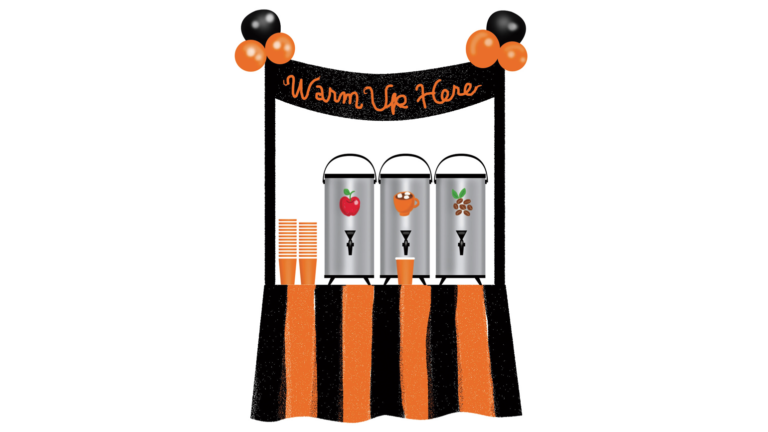 Halloween warm up station for trick or treaters; Illustration by Coco Masuda