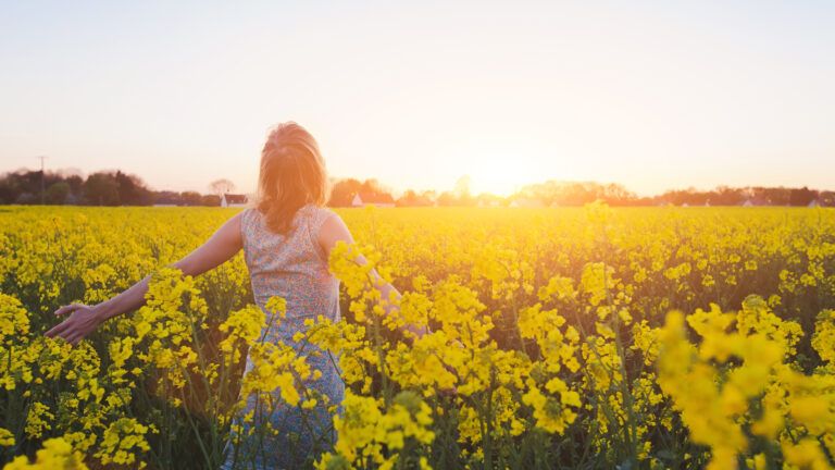 Woman in yellow field at sunset having a dream about her deceased loved ones