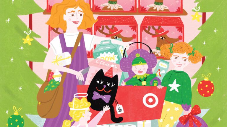 Illustration of a mom at target with her young kids; By Susanna Harrison