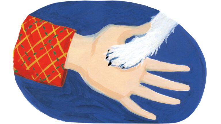 An illustration by Jessica Allen/Lilla Rogers Studio of a dog's paw resting in a woman's hand