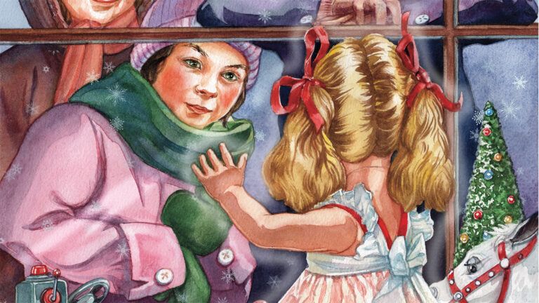 Illustration of a young girl looking at a doll through a store window; By Bradley Clark