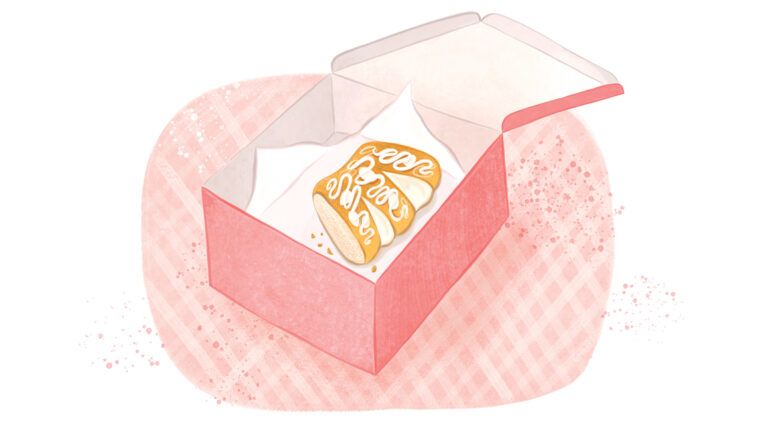 Artist Jacqui Langeland's rendering of a half-bear claw in a pastry box