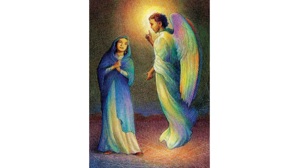 An illustration of the angel Gabriel speaking with the virgin Mary.