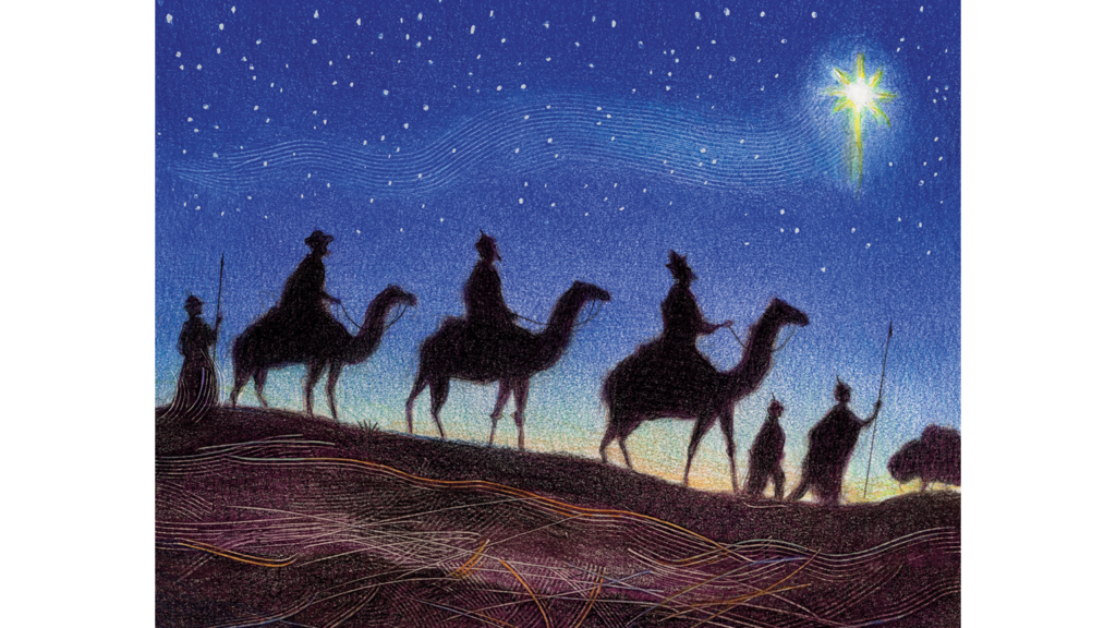Magi traveling to Jerusalem on camels.