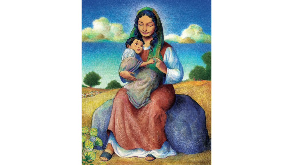 An illustration of Mary holding Jesus.