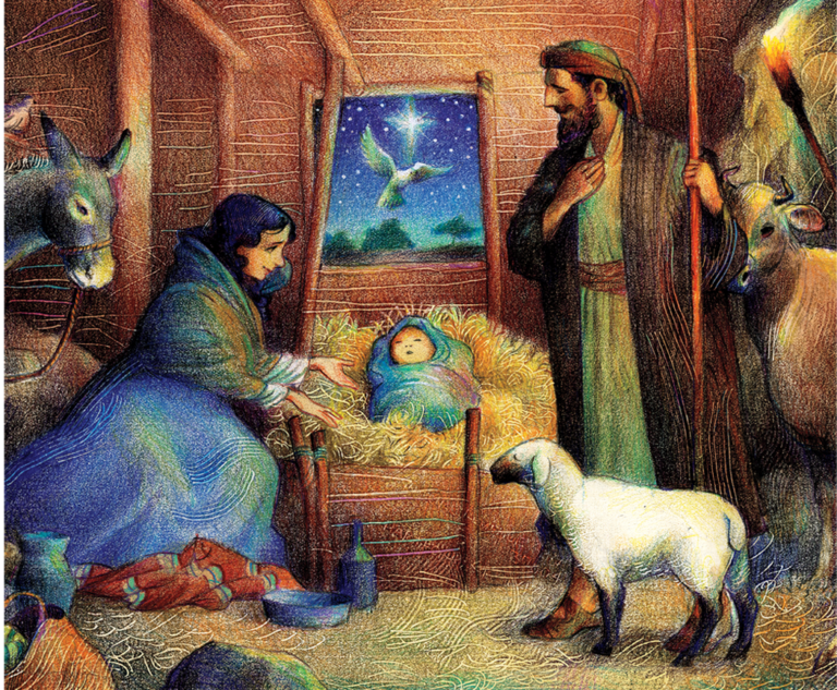 Mary gives birth to her firstborn son in a manger.