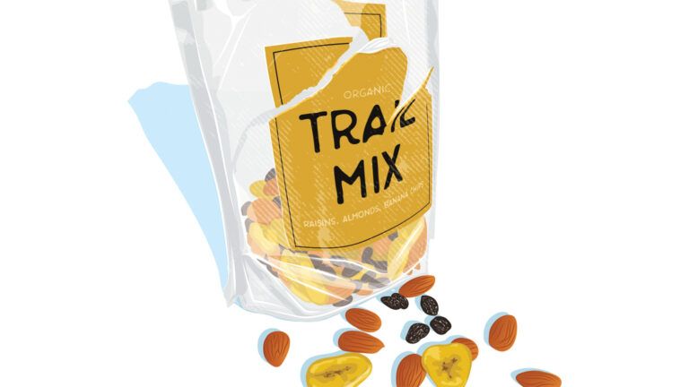 Illustration of a bag of trail mix; By Chris Lyons