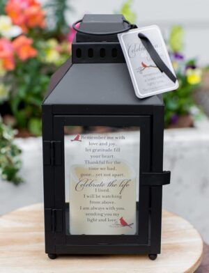 Celebration of Life Memorial Lantern gift on a table outside